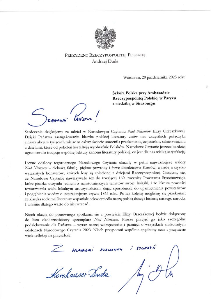 PAŹDZIERNIK 2023 – PODZIĘKOWANIA DLA SZKOŁY ZA UDZIAŁ W NARODOWYM CZYTANIU